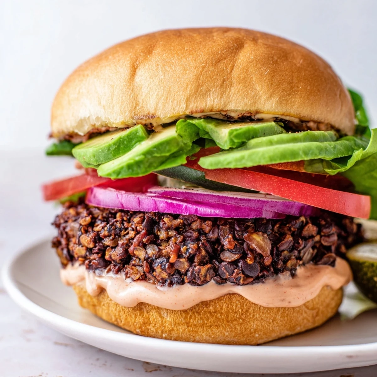 Freshly fried Vegan Black Bean Burger with Chipotle Mayo on a toasted bun, topped with crisp lettuce and ripe avocado slices.