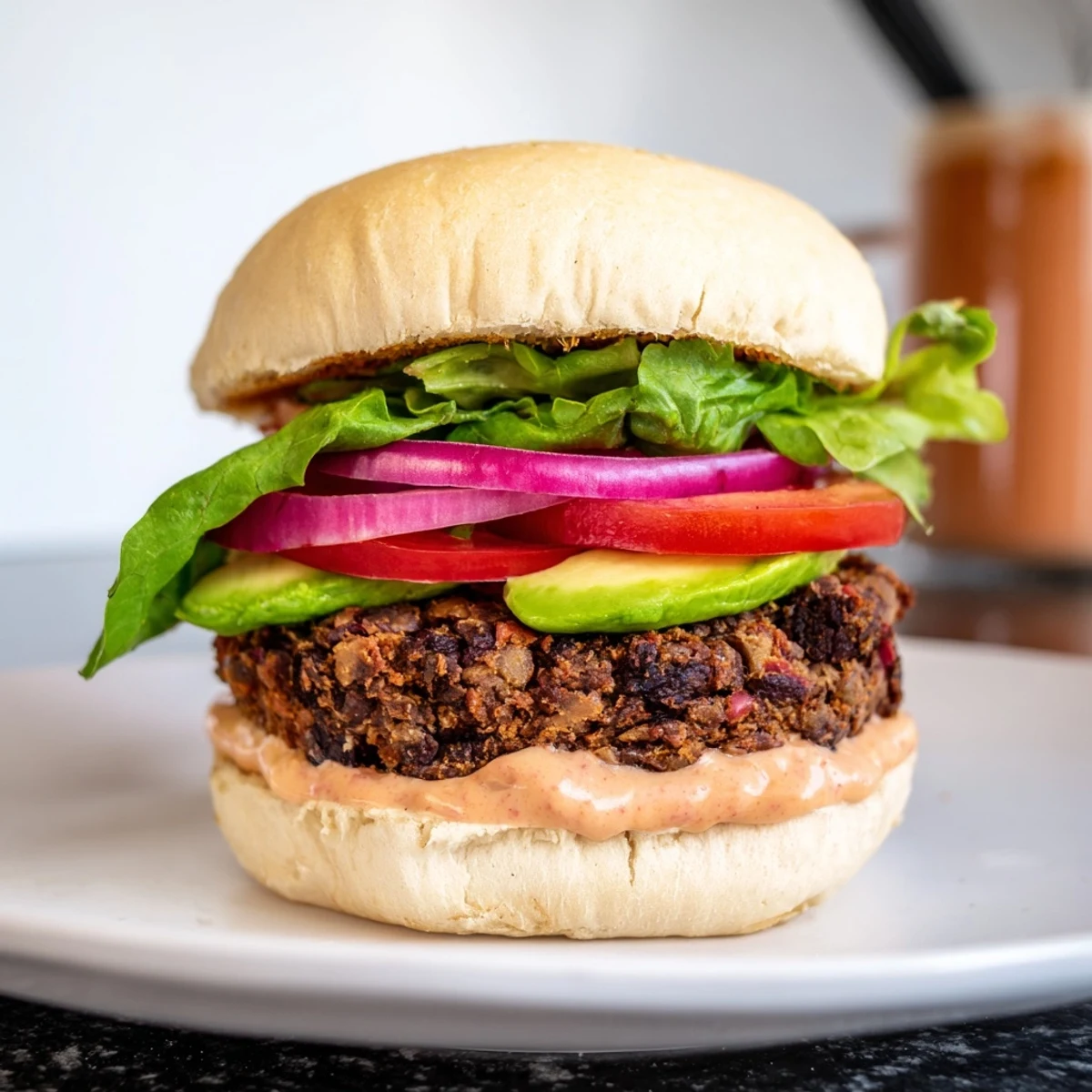 Golden brown Vegan Black Bean Burger patties resting on a platter beside fresh toppings and creamy spicy chipotle mayo.