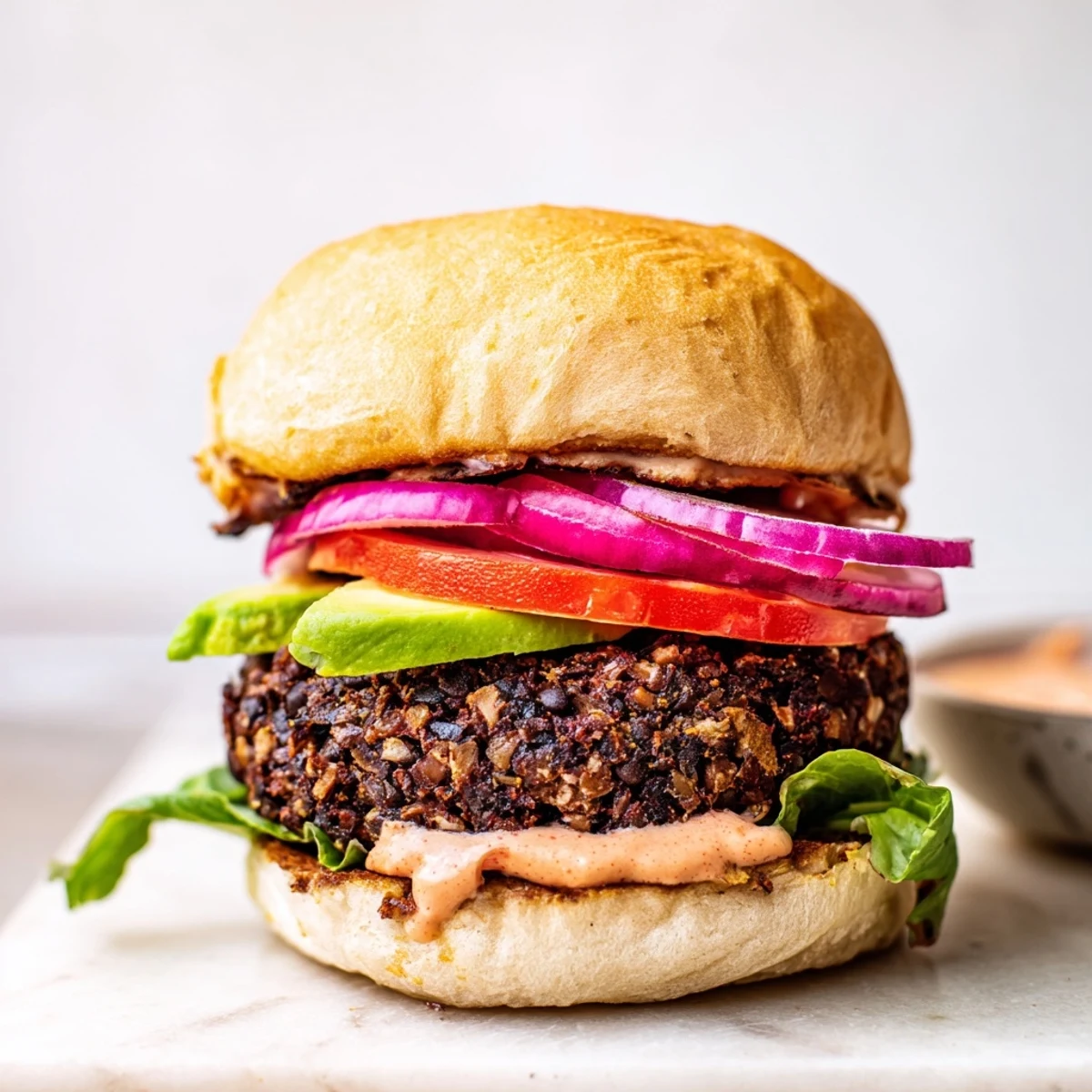 A juicy Vegan Black Bean Burger with Chipotle Mayo layered with tomato and red onion, served with sweet potato fries.