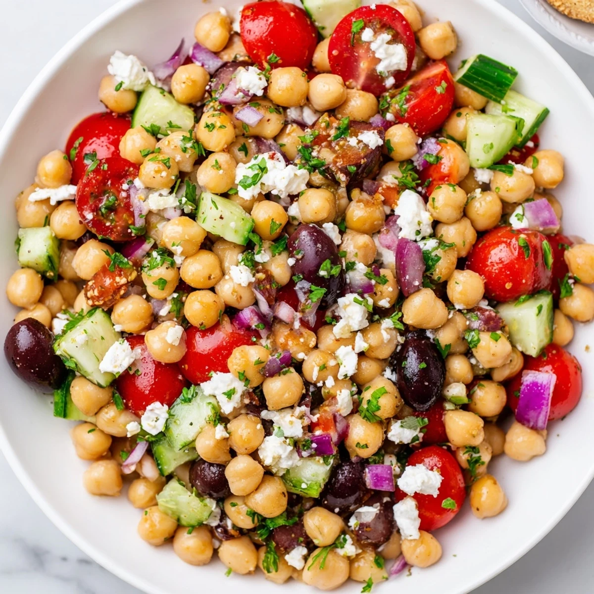 Close-up of Mediterranean Chickpea Salad with Feta, featuring chickpeas, cherry tomatoes, cucumber, and Kalamata olives in a zesty lemon-olive oil dressing.  