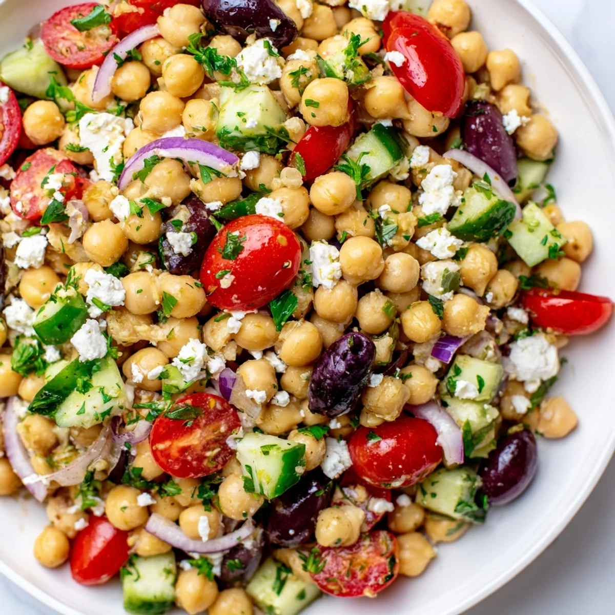 Colorful Mediterranean Chickpea Salad with Feta, perfect as a light vegetarian meal or healthy side, garnished with diced veggies and tangy feta.
