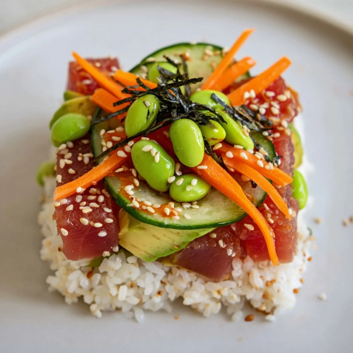 A Spicy Tuna Poke Bowl features marinated tuna, crisp cucumber, and edamame topped with sesame seeds.