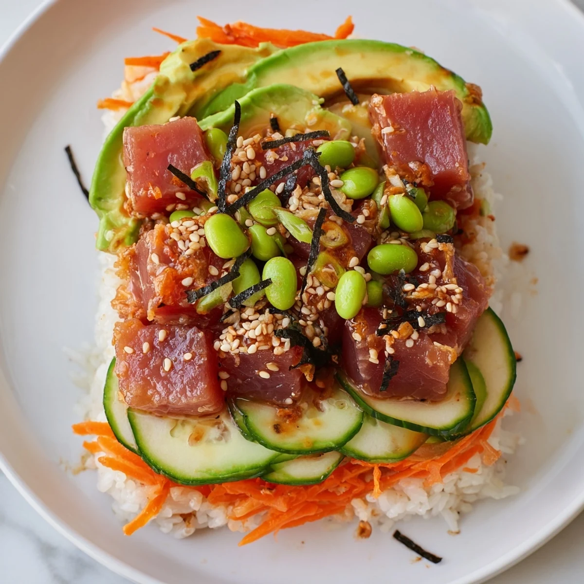 The Spicy Tuna Poke Bowl showcases colorful nori strips and spicy mayo drizzle over fresh fish and rice.