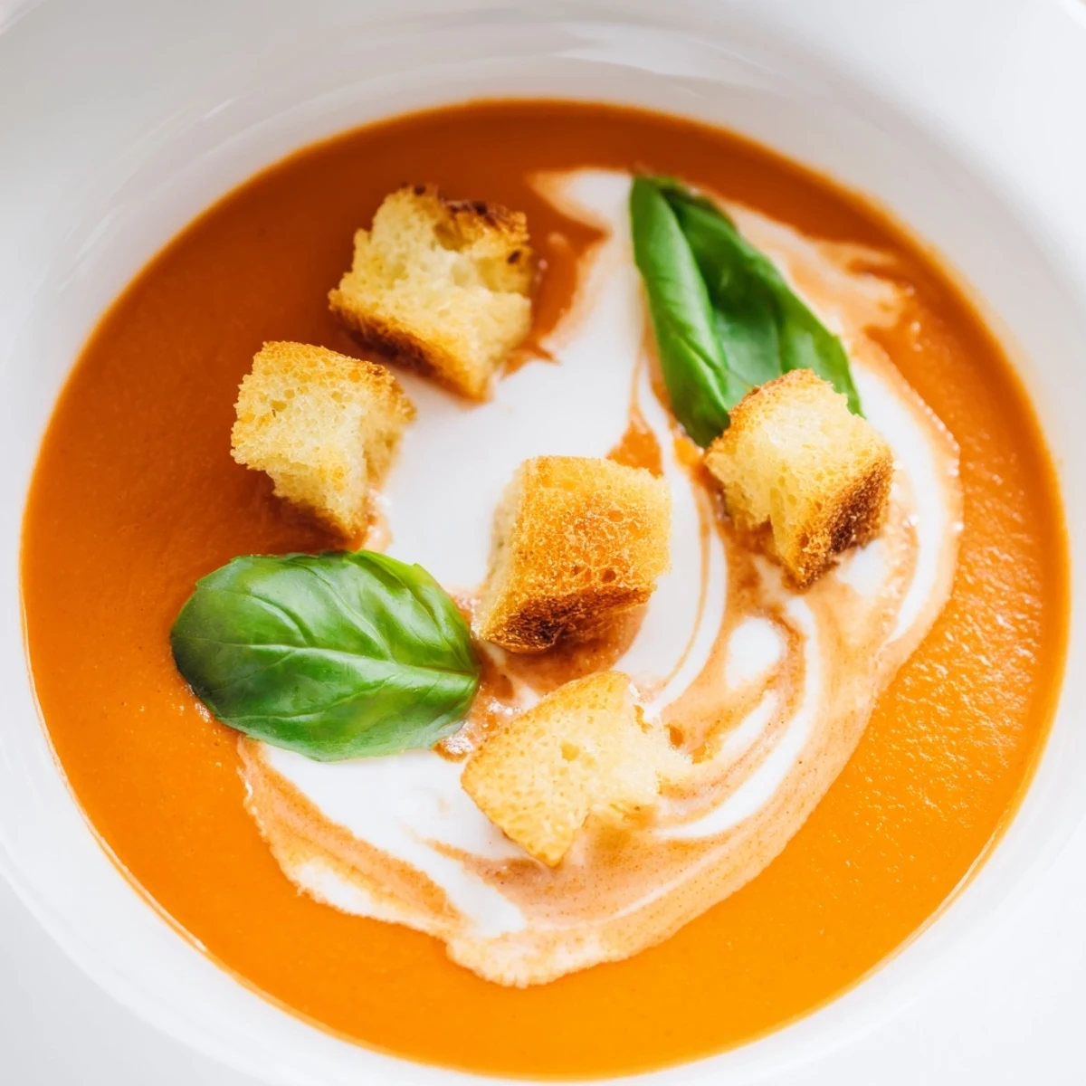 Creamy Tomato Basil Bisque with Croutons served hot in a white bowl, garnished with fresh basil and olive oil drizzle.