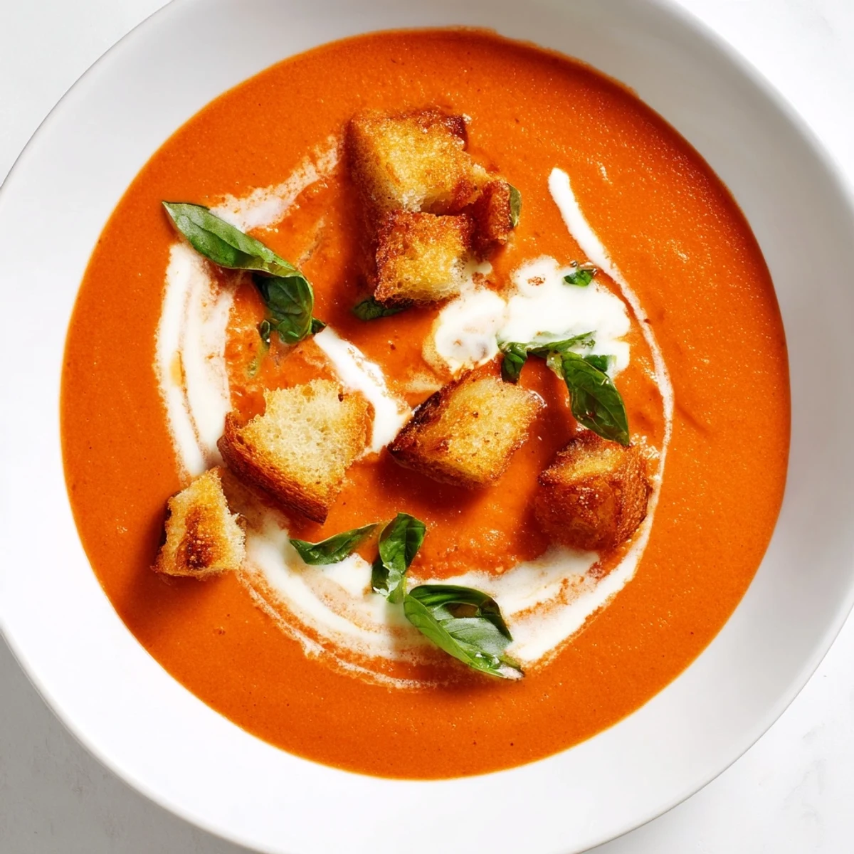 Close-up of Creamy Tomato Basil Bisque with Croutons, showing golden, crunchy bread cubes atop smooth, velvety red soup.