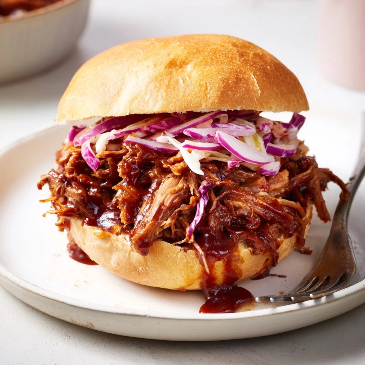 Smoky, shredded Slow Cooker Pulled Beef Sandwiches resting on a plate next to tangy pickles and onions.