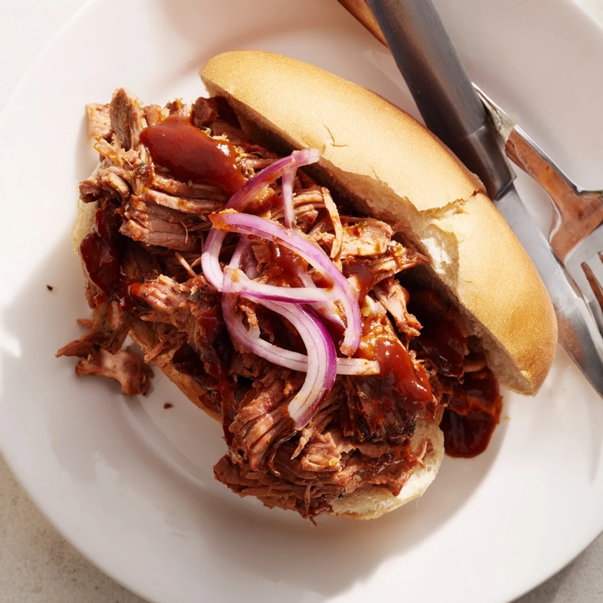 Tender, slow cooker beef piled onto toasted buns, served hot with melty cheddar and a drizzle of barbecue sauce.