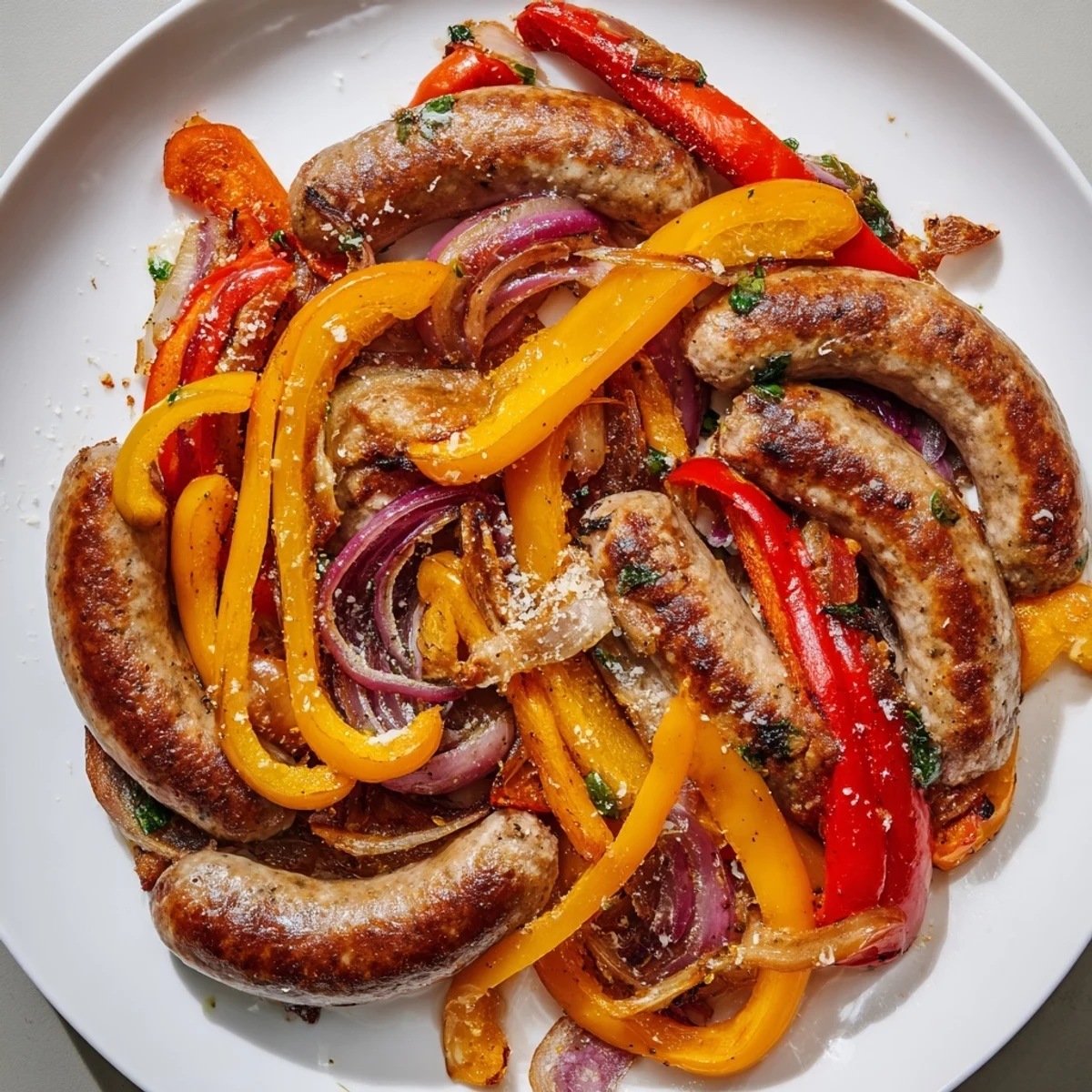 Golden brown Sheet Pan Sausage and Peppers served hot from the oven with a side of crusty bread.