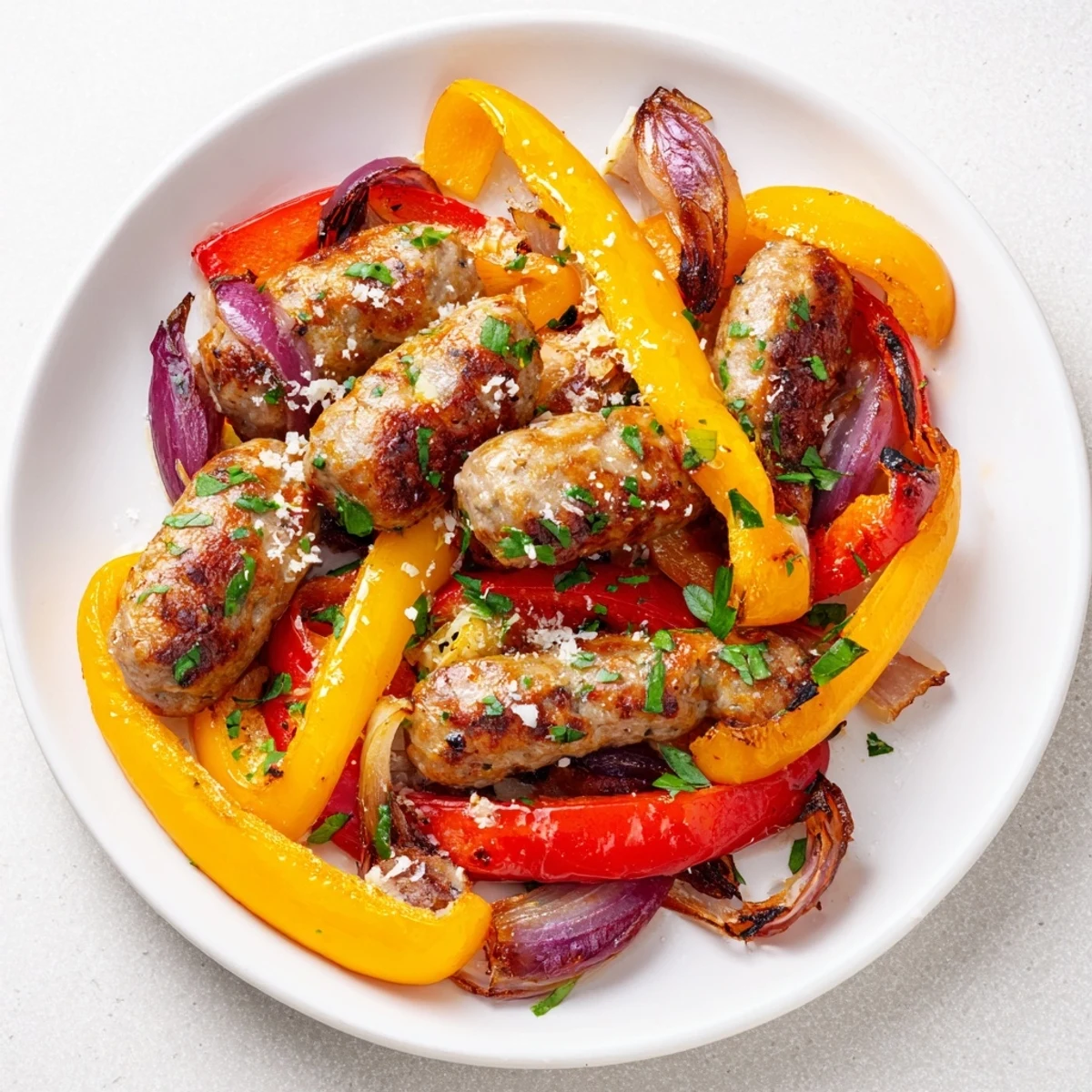 Sheet Pan Sausage and Peppers topped with fresh parsley and melted Parmesan cheese for a family-style dinner.