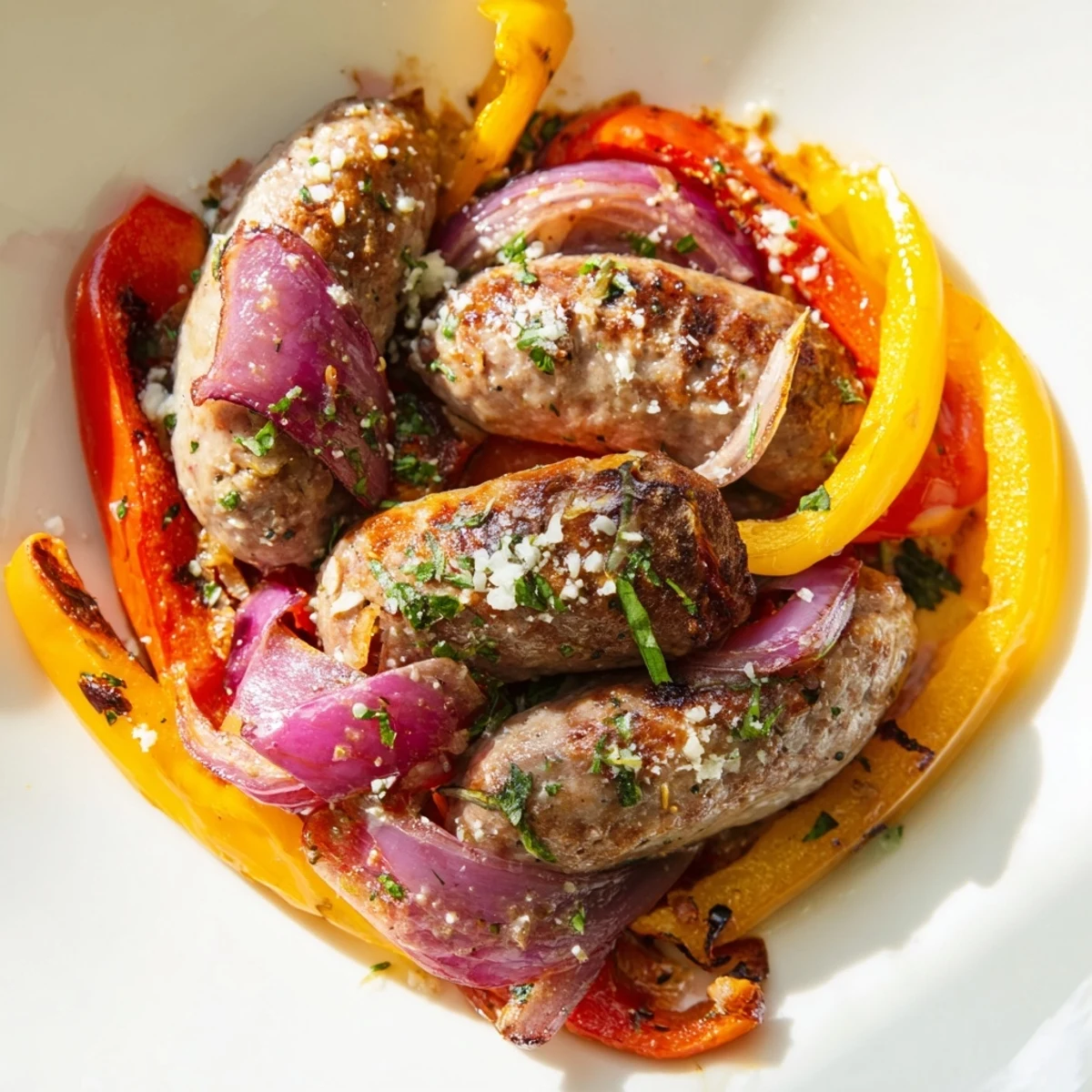 Vibrant roasted red, yellow, and green bell peppers with onions and juicy sausages in this one-pan Sheet Pan Sausage and Peppers.