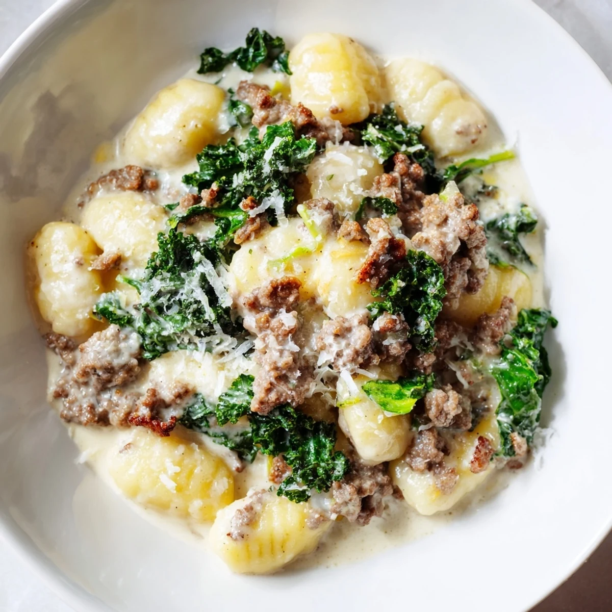 A bowl of creamy gnocchi with sausage and kale, garnished with Parmesan and red pepper flakes.  