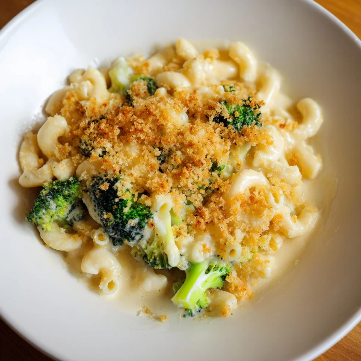 Golden-brown Baked Macaroni and Cheese with Broccoli bubbling from the oven with a crunchy breadcrumb topping.