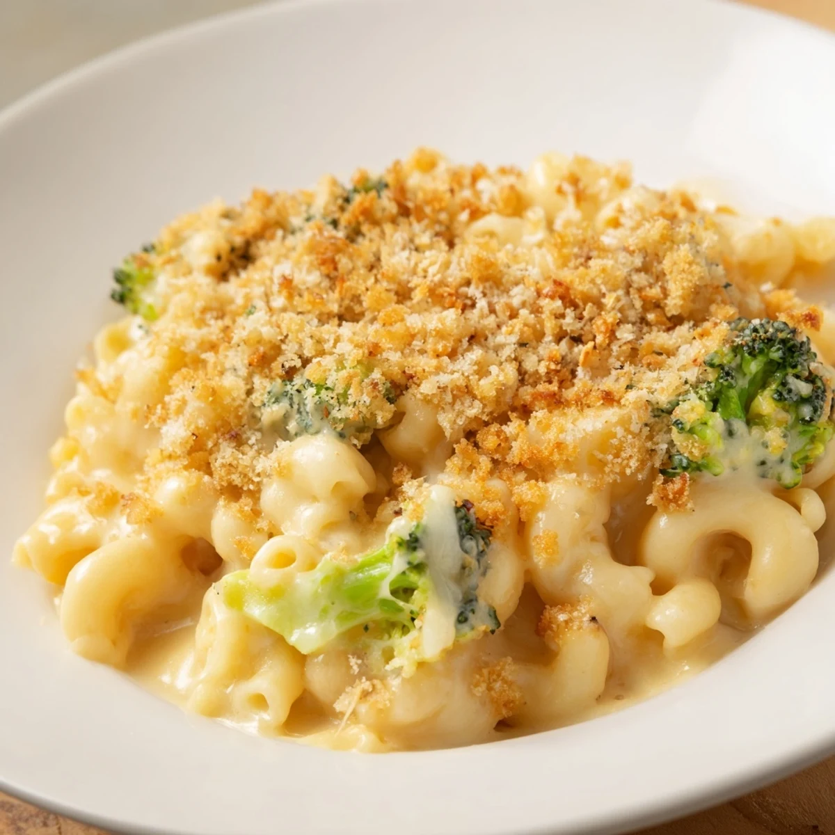 Comfort food classic Baked Macaroni and Cheese with Broccoli features tender florets in rich cheddar sauce.