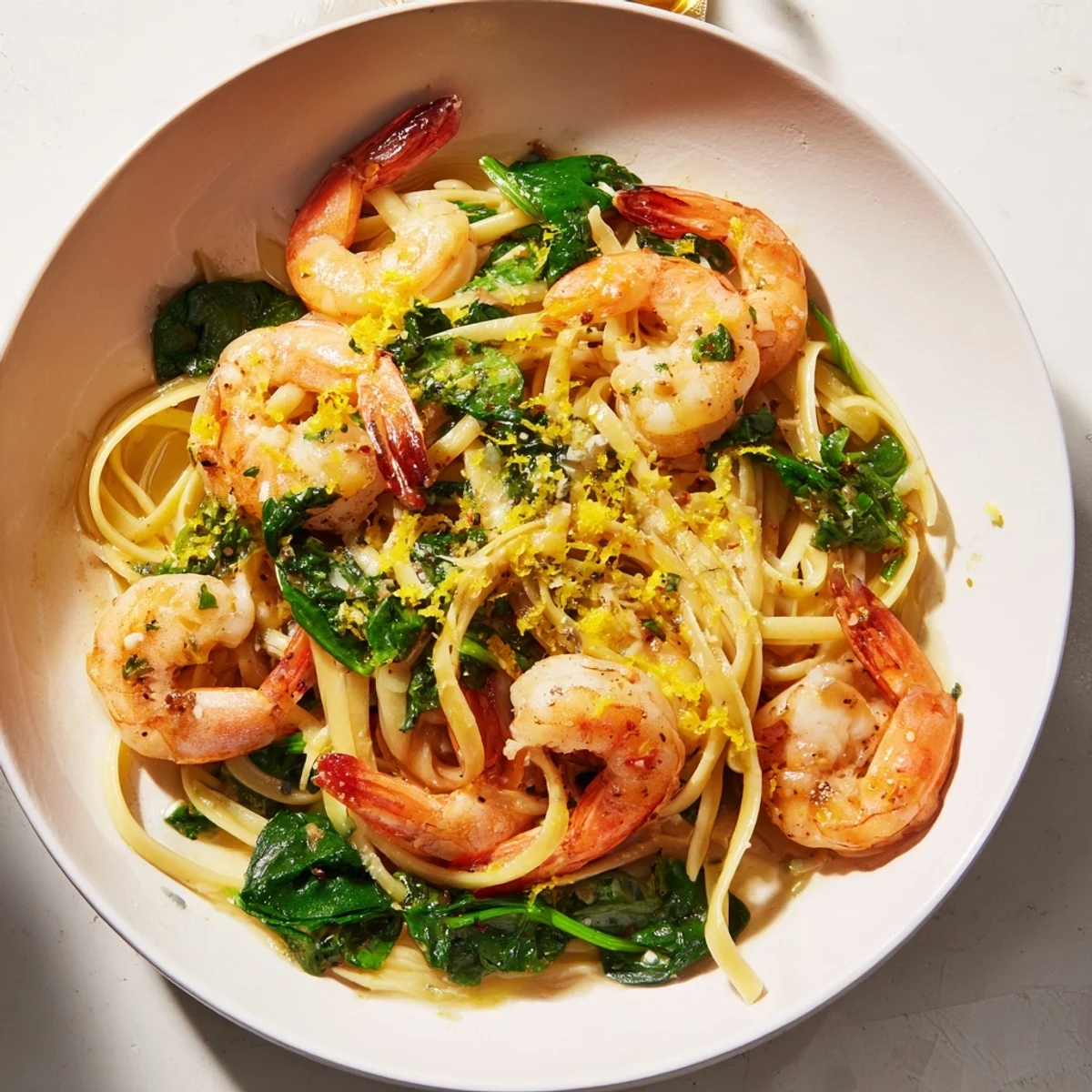 Fork-tender shrimp and wilted spinach are coated in a bright lemon garlic sauce tossed with linguine, served in a white bowl with fresh parsley. A simple, elegant seafood dinner recipe.