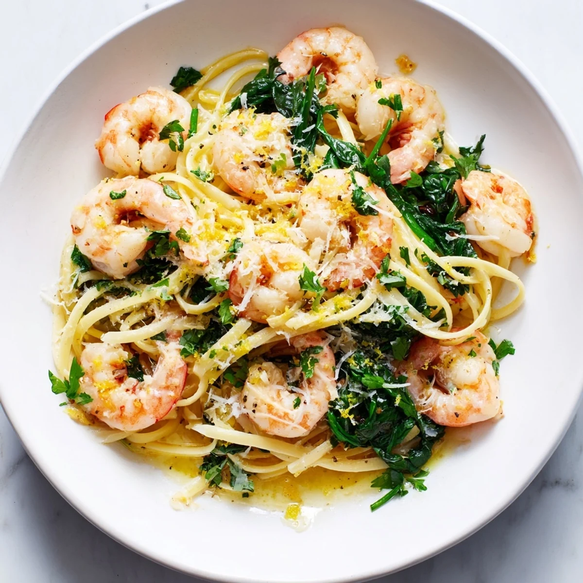 Overhead view of a large skillet of Lemon Garlic Shrimp Pasta, featuring golden shrimp and herbs, perfect for a family-style weeknight meal.