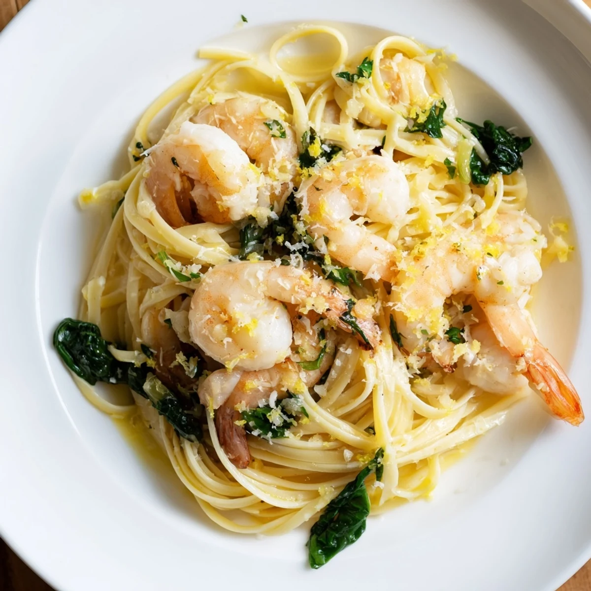A close-up of pan-seared shrimp nestled in pasta, with vibrant green spinach and flecks of garlic in a glistening lemon butter sauce.