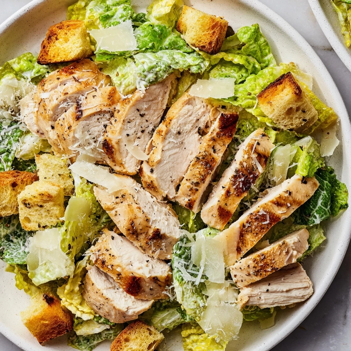 Freshly grilled chicken breast slices and golden homemade croutons top crisp romaine lettuce for this Chicken Caesar Salad.