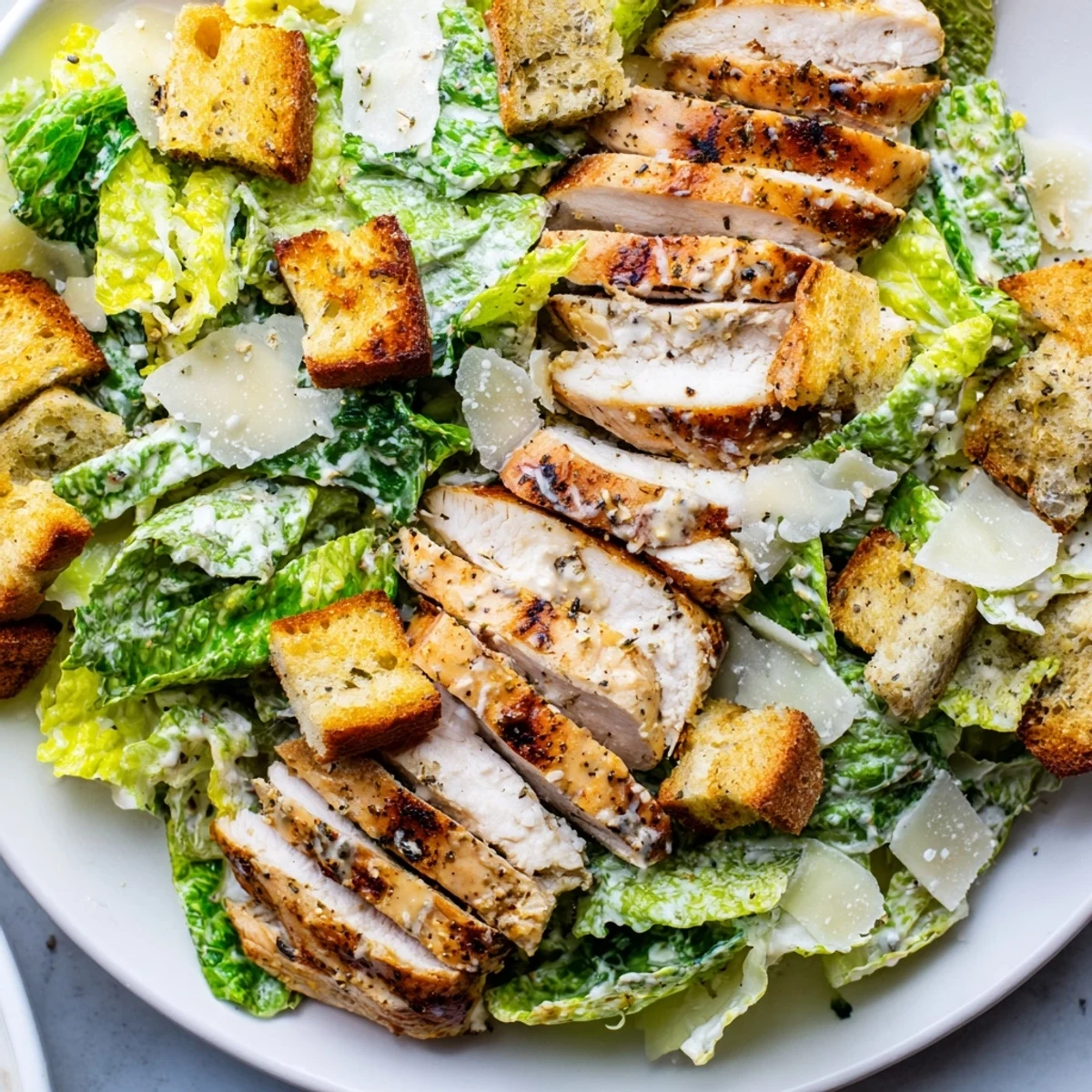 A close-up of a plated Chicken Caesar Salad shows crunchy homemade croutons and shaved Parmesan next to tender grilled chicken.