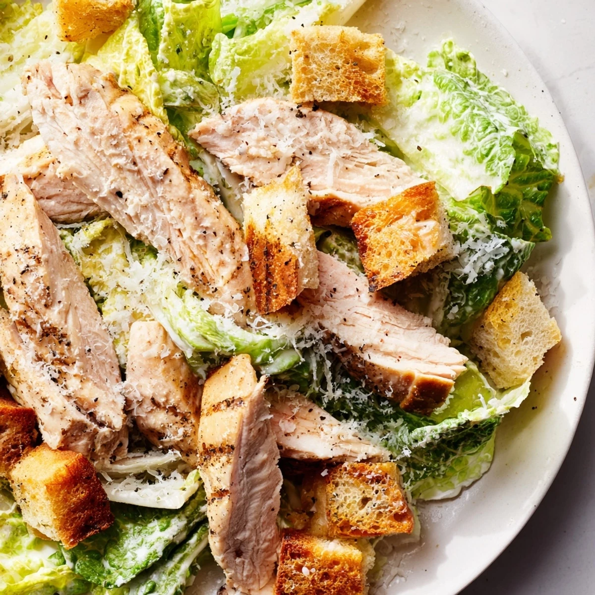 Creamy Caesar dressing, made with anchovies and Parmesan, coats the fresh chopped romaine in this Chicken Caesar Salad.
