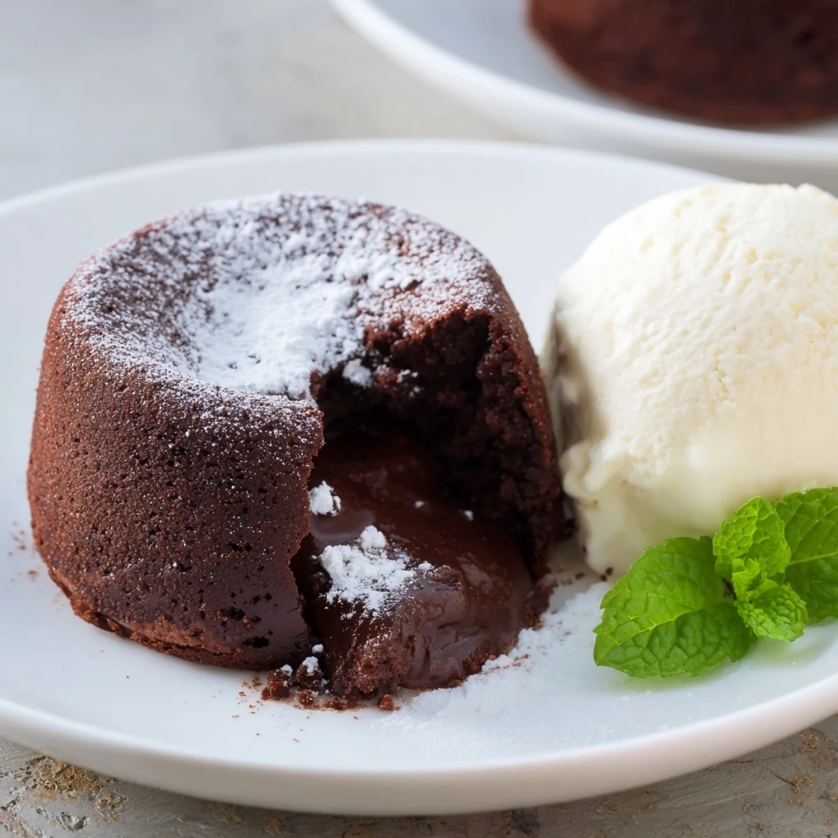 Golden-brown Chocolate Lava Cakes with Vanilla Ice Cream melting over the warm, fudgy centers and dusted with cocoa powder.