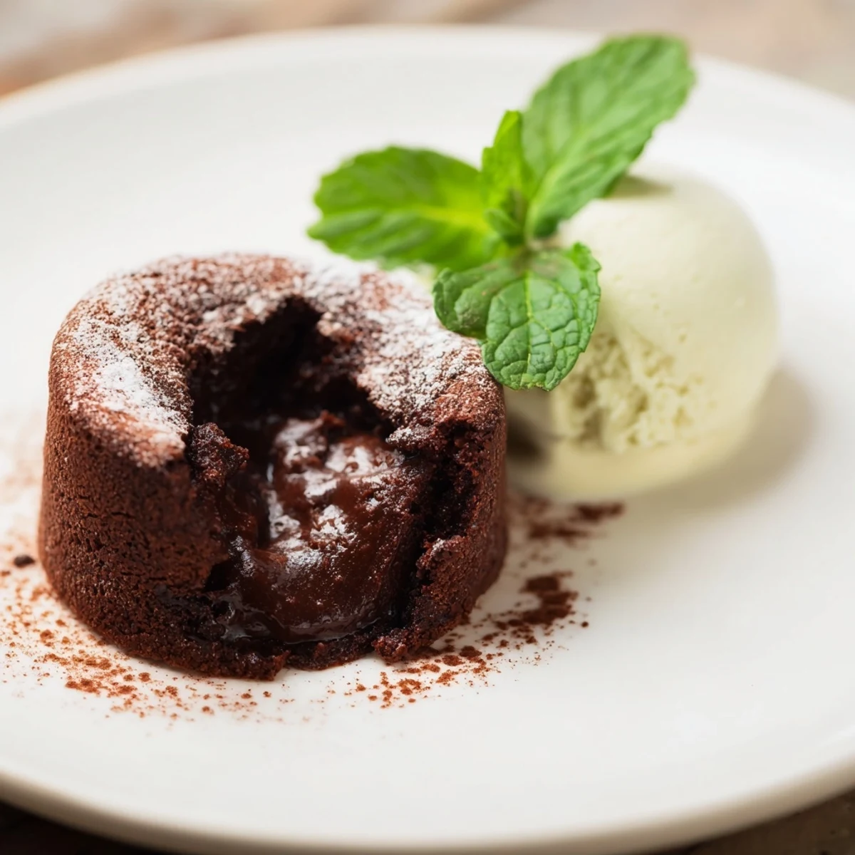 Rich Chocolate Lava Cakes with Vanilla Ice Cream served hot on white plates, showing gooey molten chocolate centers.