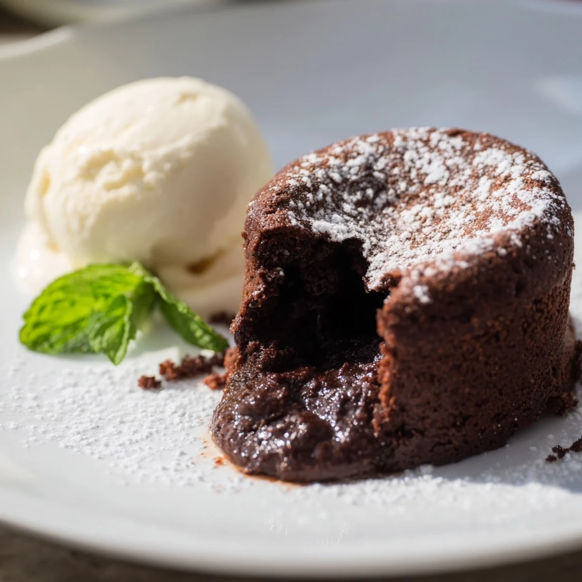 Decadent Chocolate Lava Cakes with Vanilla Ice Cream garnished with fresh berries and mint, ready for a romantic dessert.