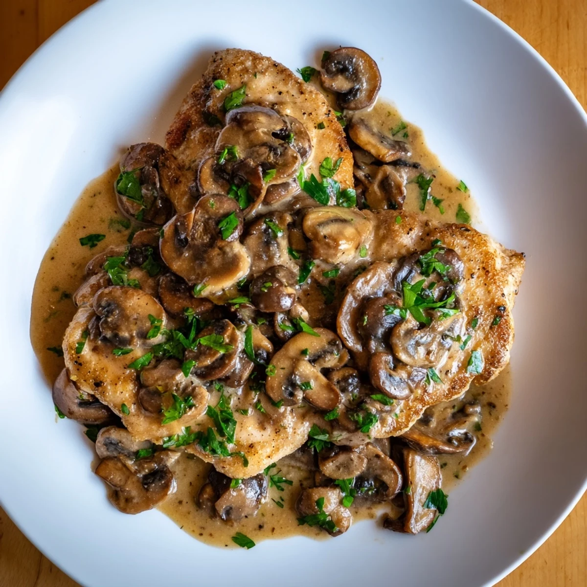 Golden-brown Chicken Marsala with Mushrooms rests in a rich, glossy sauce with fresh parsley garnish.