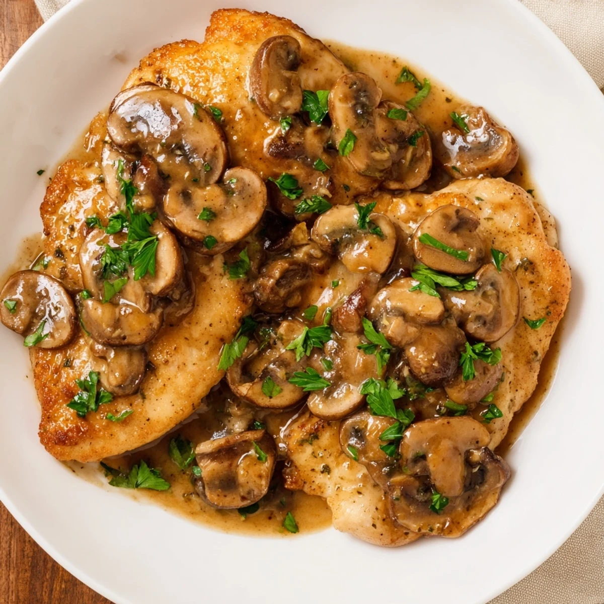 Sliced chicken and sautéed mushrooms in a hearty Chicken Marsala sauce, served over creamy mashed potatoes.