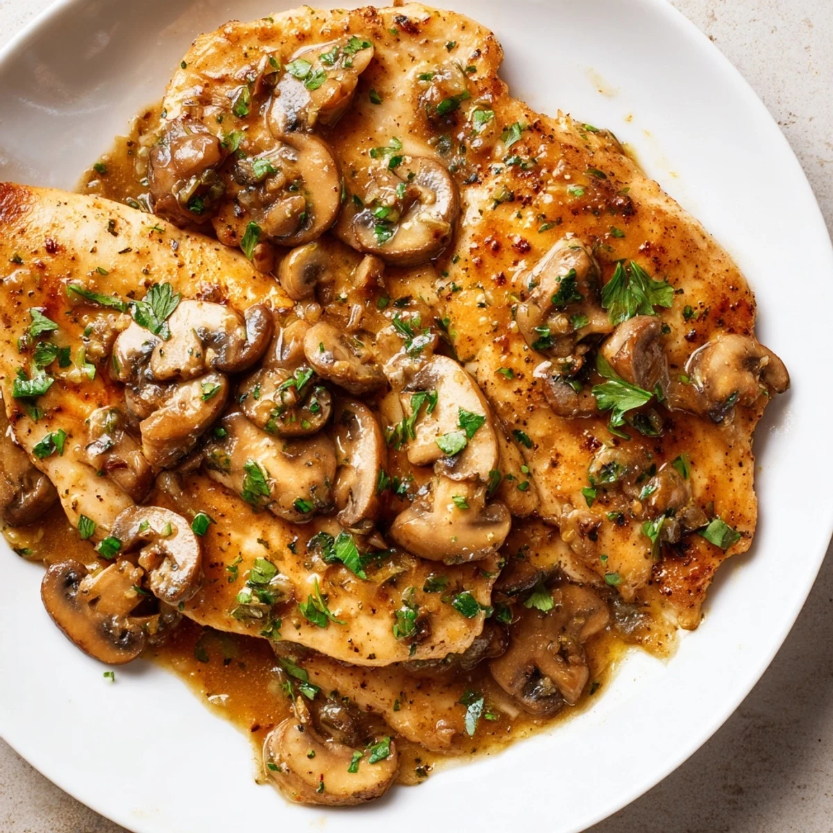 Tender chicken breasts and cremini mushrooms simmered in a savory Marsala-inspired sauce, perfect for a comforting dinner.