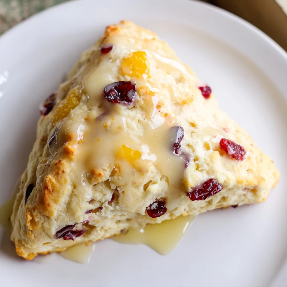 Cranberry Orange Scones topped with sweet citrus glaze, featuring golden brown edges and tart red cranberries for a festive morning treat.