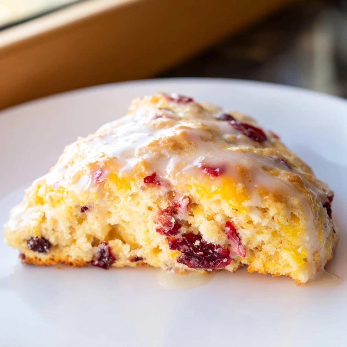 Homemade Cranberry Orange Scones drizzled with glaze, plated with fresh orange slices and walnuts, perfect for an afternoon tea party.