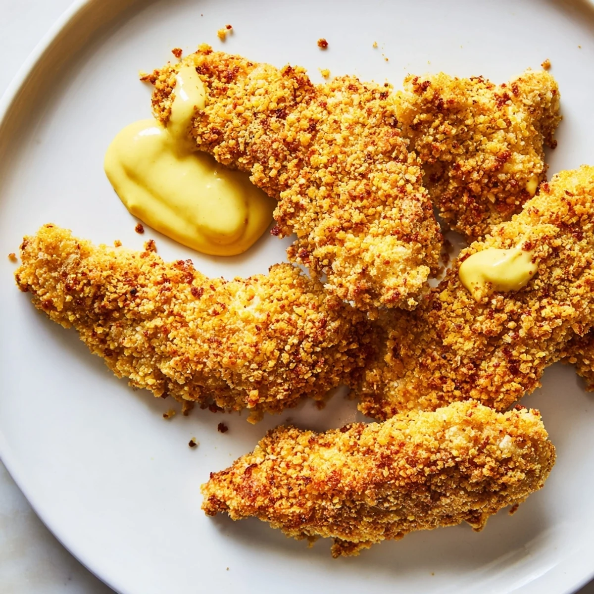 Golden, crispy baked chicken tenders arranged on a parchment-lined baking sheet, served with a small bowl of honey mustard sauce for dipping.  