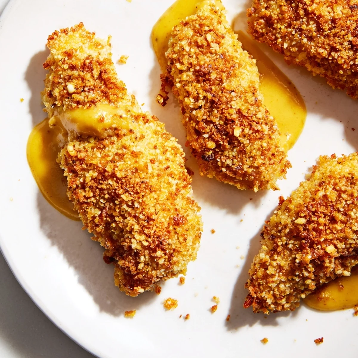 Homemade crispy baked chicken tenders with a golden crust, accompanied by a tangy honey mustard dipping sauce on the side.