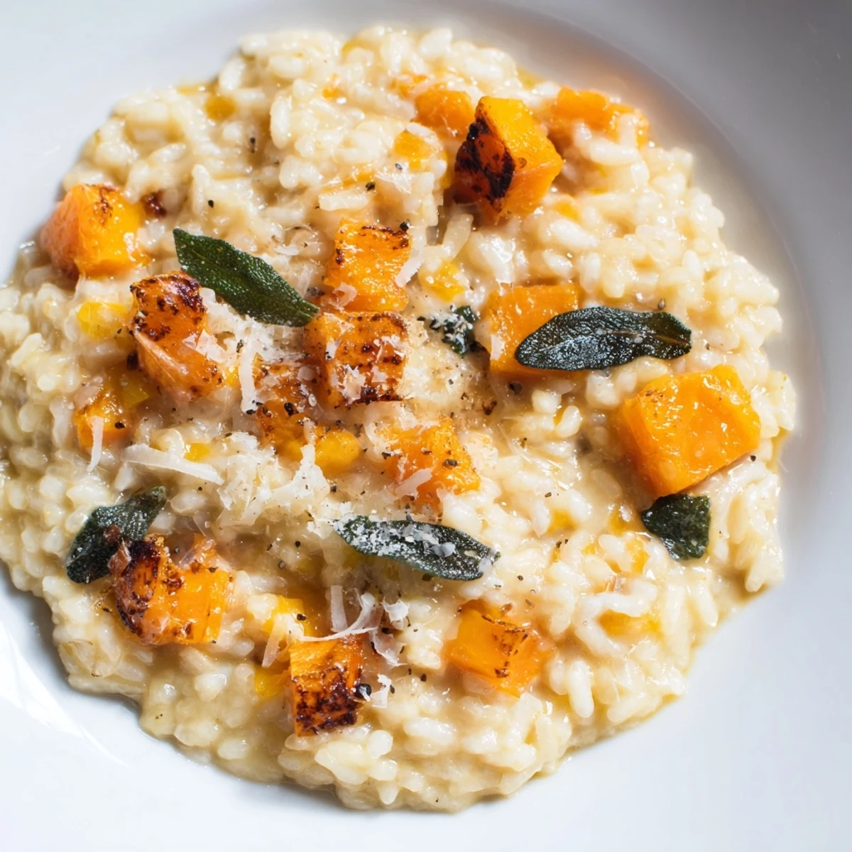 A close-up view of a creamy bowl of Winter Squash Risotto with Sage and Parmesan, featuring tender roasted squash cubes and a sprinkle of fresh herbs.