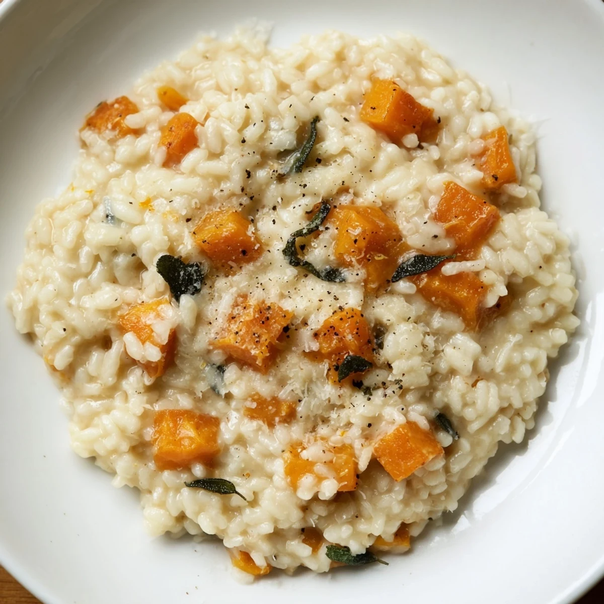 Winter Squash Risotto with Sage and Parmesan plated family-style, with a side of crisp white wine and crusty bread on a wooden table.