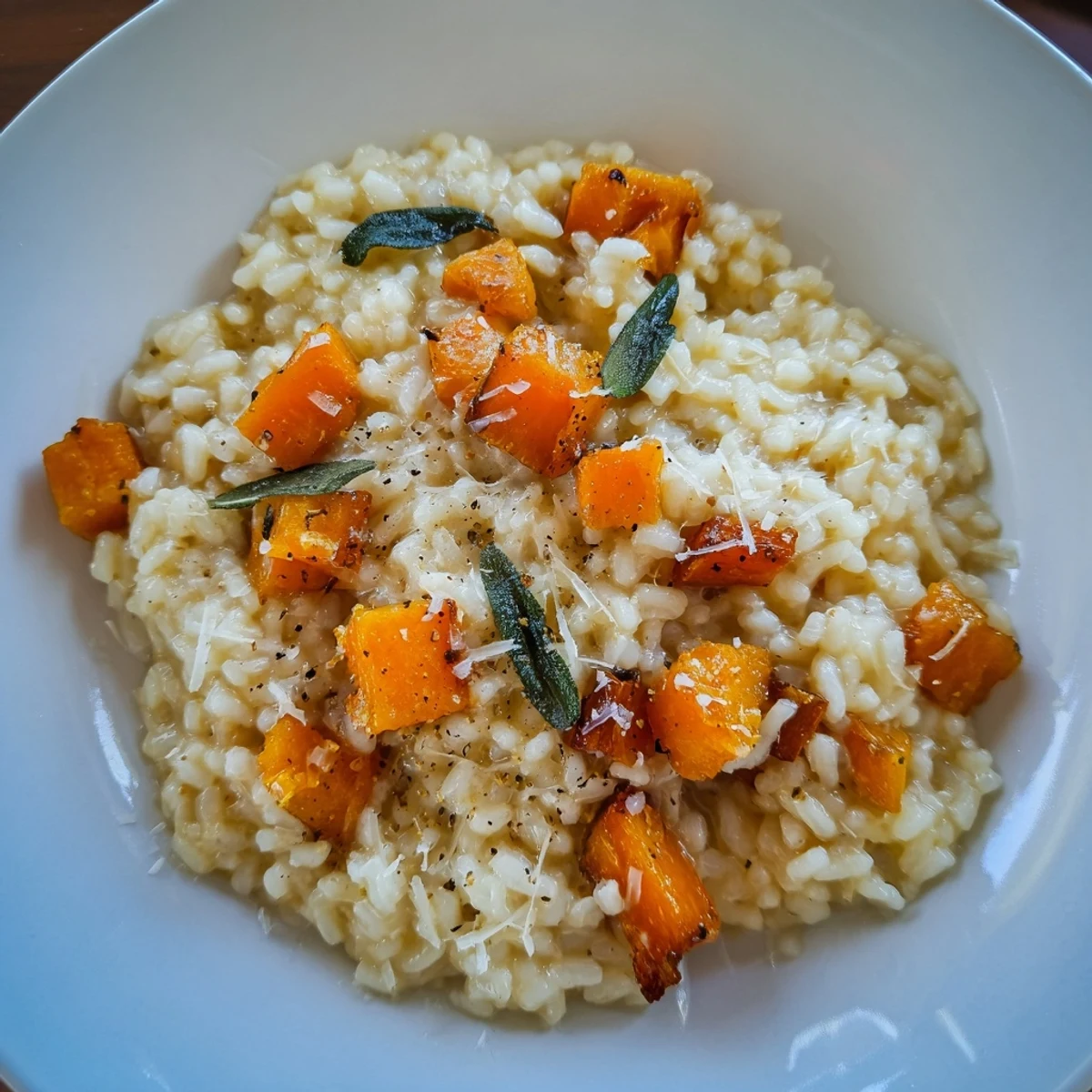Serving suggestion for Winter Squash Risotto with Sage and Parmesan in a rustic bowl, garnished with grated Parmesan and whole sage leaves.