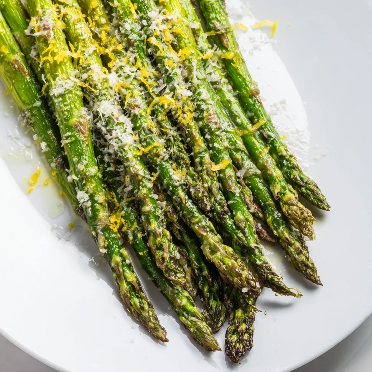 Golden roasted asparagus with melted Parmesan and lemon zest, arranged on a white ceramic platter. 