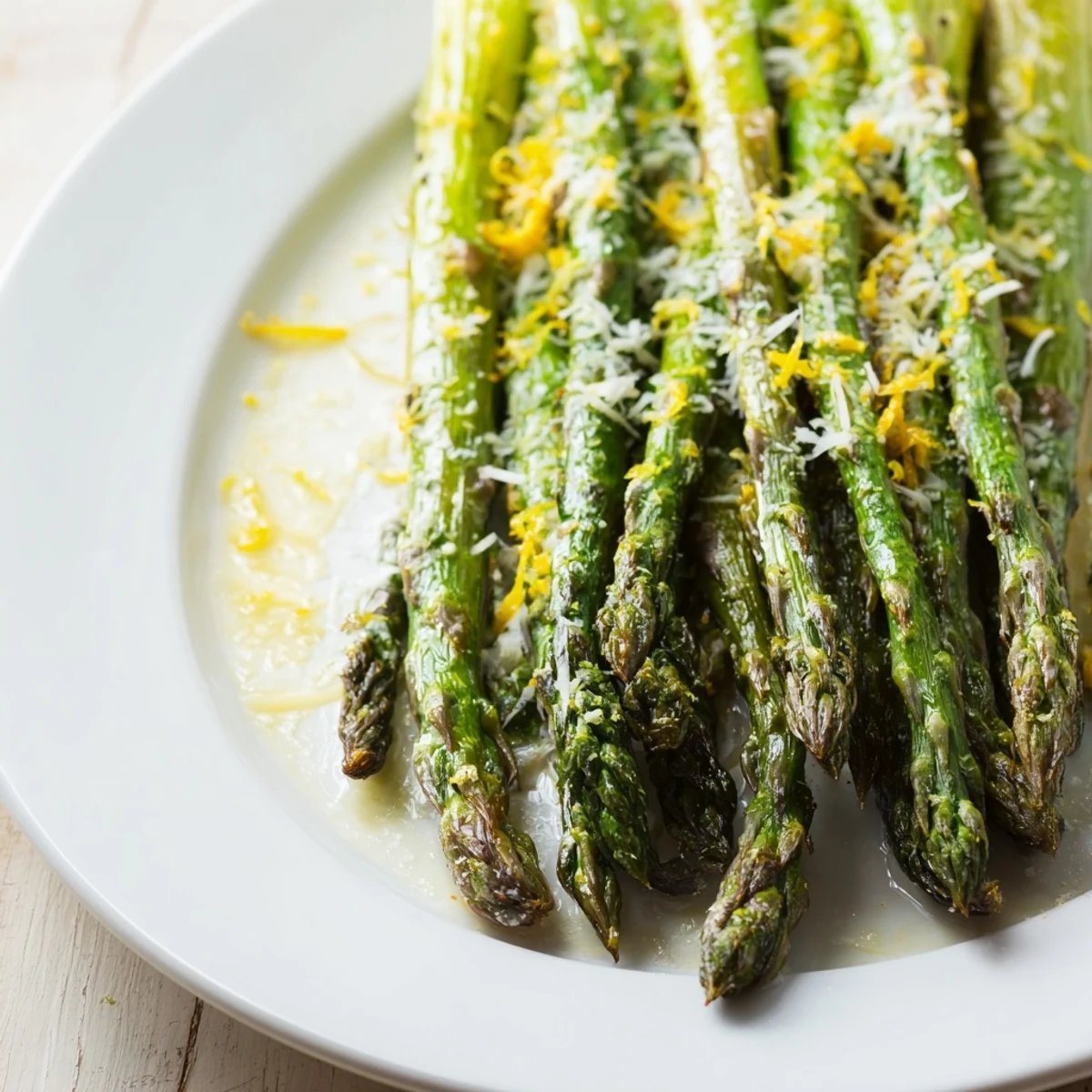 Bright green roasted asparagus with crispy Parmesan and lemon zest on a rustic wooden serving board.