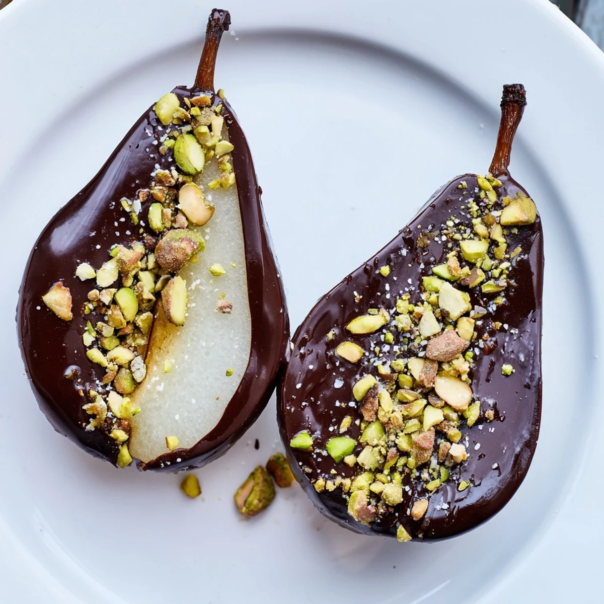 Perfectly set Chocolate Covered Pears topped with crushed pistachios, served alongside glasses of dessert wine for a party.