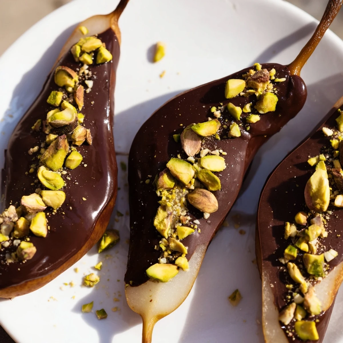 Juicy ripe pear halves dipped in dark chocolate, garnished with sea salt, presented on a chilled baking sheet.