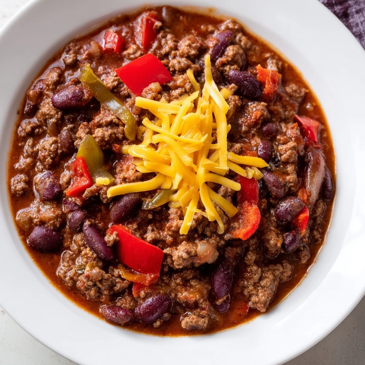 Steaming bowl of Spicy Beef Chili with Cheddar Cheese topped with fresh cilantro and green onions.