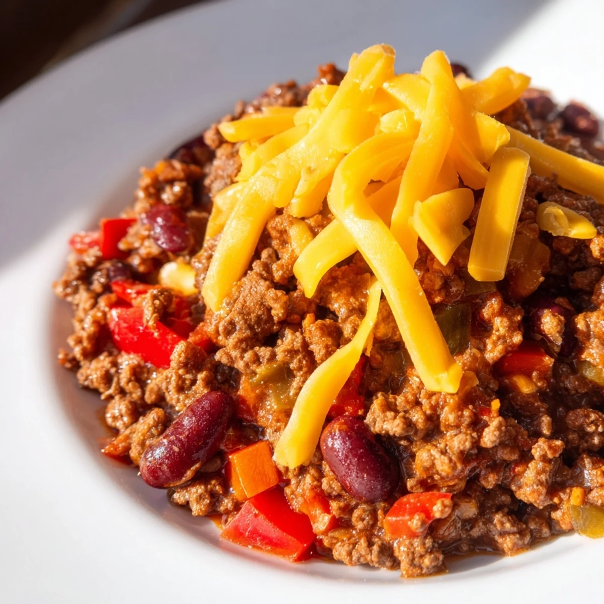 Spicy Beef Chili with Cheddar Cheese served with warm cornbread for a cozy meal.
