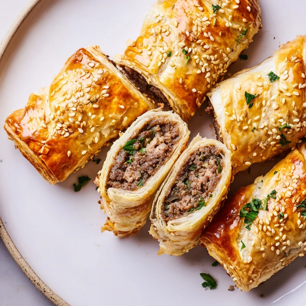 Freshly baked Sausage Rolls with Puff Pastry and Beef rest on parchment paper, showcasing their golden, flaky texture and sesame seed topping.