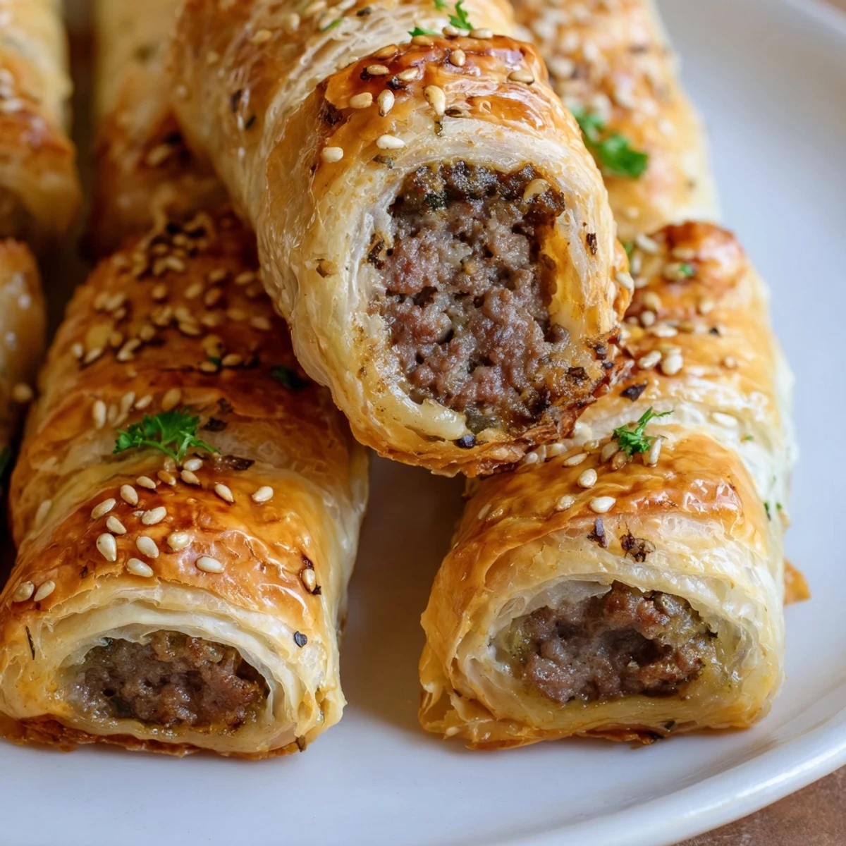 Savory Sausage Rolls with Puff Pastry and Beef feature a hearty beef filling tucked inside buttery layers, perfect for a quick snack.