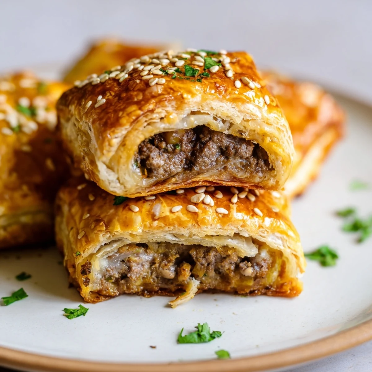 Golden-brown Sausage Rolls with Puff Pastry and Beef are arranged on a wooden board, ready to be enjoyed with a side of tangy mustard.