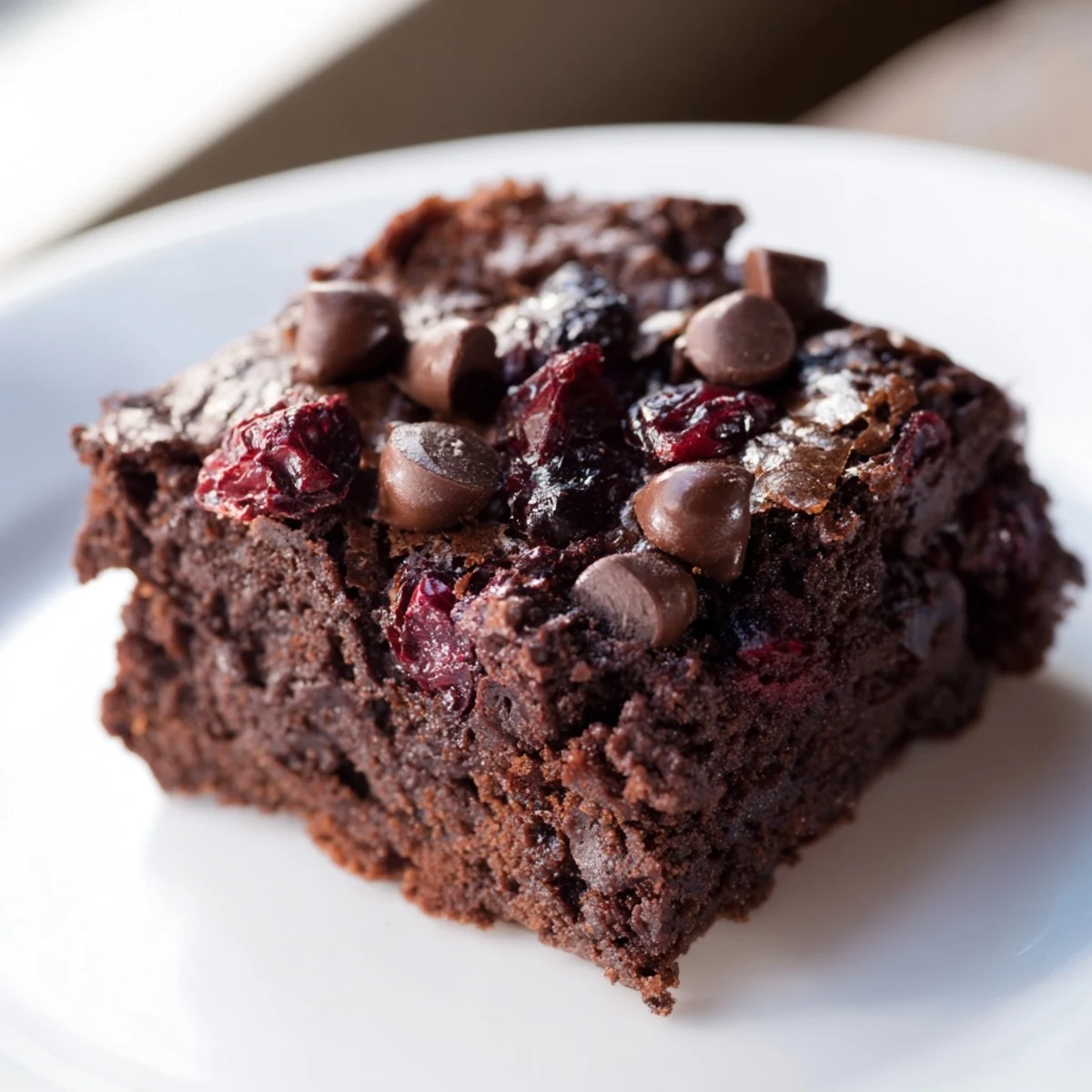 A close-up showcases the fudgy texture of Chocolate Cherry Brownie Bites, with vibrant dried cherries nestled in rich cocoa.