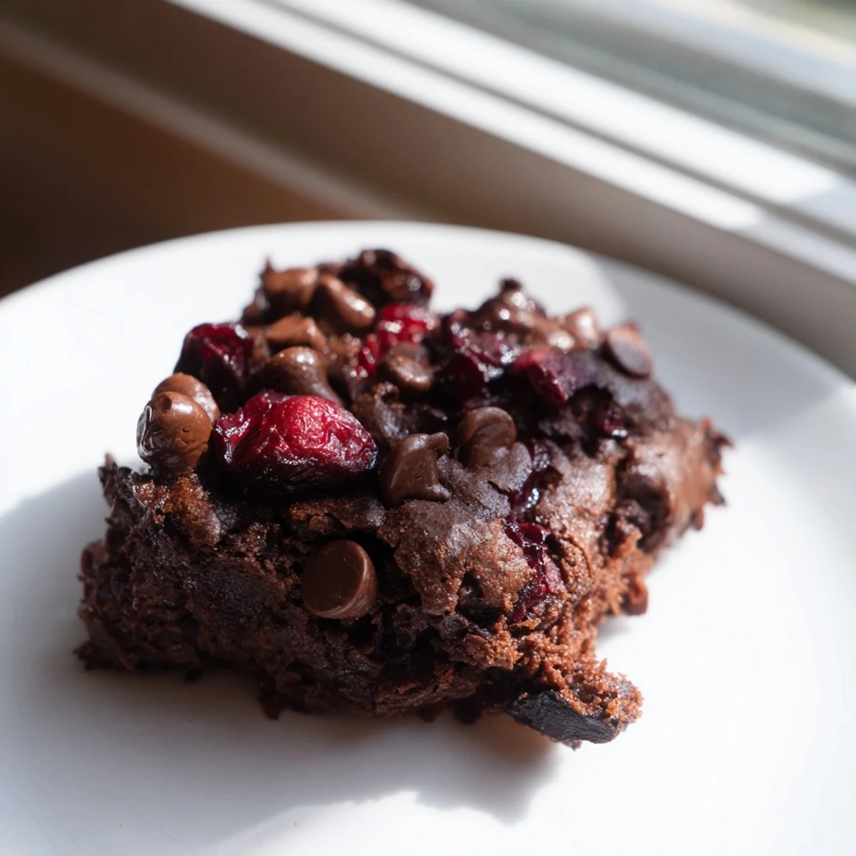 On a white plate, a stack of Chocolate Cherry Brownie Bites are dusted with powdered sugar, ready for dessert.