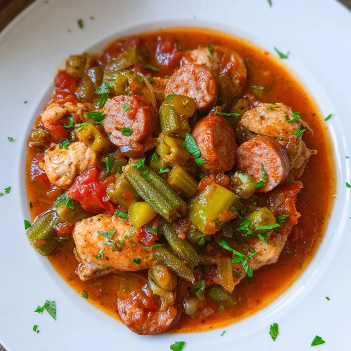 Close-up view of Chicken and Sausage Stew with Okra, showcasing sliced andouille sausage and fresh green okra pieces simmering in a hearty, rustic pot.