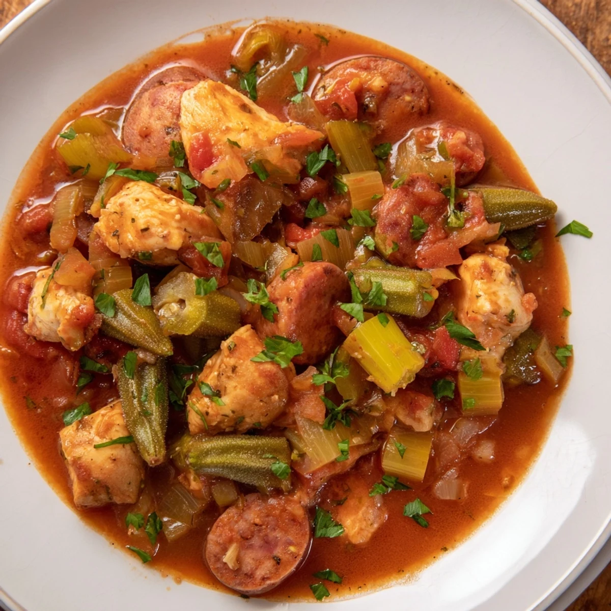 A steaming bowl of Chicken and Sausage Stew with Okra, featuring tender chicken and smoky sausage in a rich tomato broth, served over white rice.