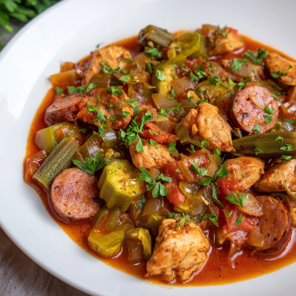 Family-style Dutch oven filled with Chicken and Sausage Stew with Okra, garnished with fresh parsley and ready to be ladled onto dinner plates.